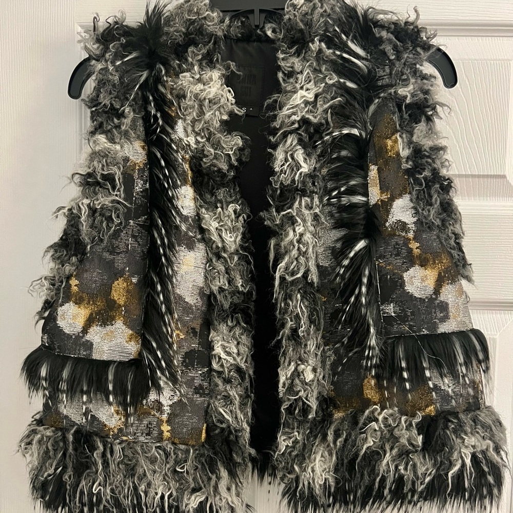 Anna Sui Black and Gold Textured Teddy Jacket